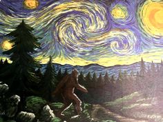 a painting of a bigfoot walking in the woods at night with stars and moon