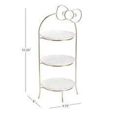 a three tiered shelf with two plates on it and the measurements for each one