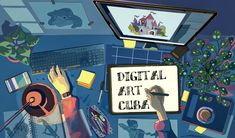 digital art cura written on a board surrounded by various objects and items in front of a computer screen