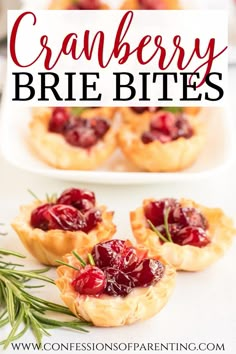 cranberry brie bites on a white plate with rosemary sprigs in the background