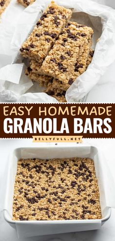 One batch of this easy granola recipe doesn't last long! It's the perfect breakfast on the go or afternoon snack idea. Chewy, crispy, and loaded with chocolate chips, these Homemade Granola Bars are a delicious back-to-school food idea! Easy Homemade Granola Bars, Granola Bars Recipe, Homemade Granola Recipe, Easy Homemade Granola, Chocolate Chip Granola Bars, Granola Recipe Bars, Homemade Granola Bars, Granola Recipe, Healthy Ingredients