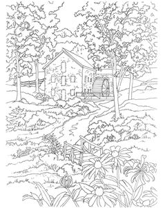 a house in the woods with trees and bushes around it, as well as an outline drawing