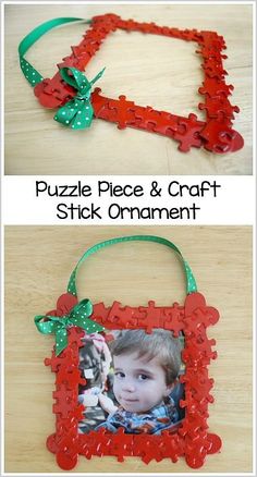 a puzzle piece and craft stick ornament with a child's face on it