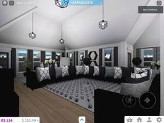 a virtual view of a living room with couches and lamps hanging from the ceiling