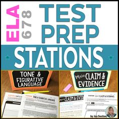 the front cover of an ell test prep stations book with text and pictures on it