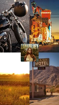 a collage of photos with motorcycles and motels in the background at sunset or sunrise