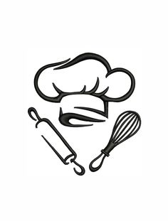 a black and white drawing of a chef's hat with a whisk