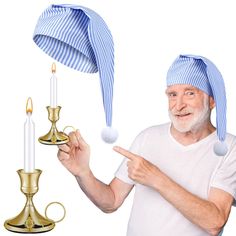 PRICES MAY VARY. Men's Night Sleeping Hat Set Includes: you will receive 1 pcs blue and white sleeping cap, 1 pcs white candle, 1 pcs gold candle holder; The sleeping cap set is abundant, enough to well satisfy your holiday decorating and replacement needs; It is easy to match with various outfits Adjustable Sleeping Cap: the pajama hat comes with a fluffy pom-pom, semi-stretchable; The circumference size is 23 inches before stretch and it will be 28 inches after stretched; The size fits most pe Pajama Hat, Nye 2025, Male Gifts, Sleep Outfit, Gold Candle Holder, Sleeping Hat, Sleeping Cap, Candle Design, Candle Stick Holder