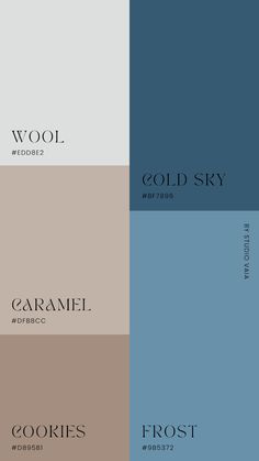 four different color palettes with the same word in each one, including blue and brown