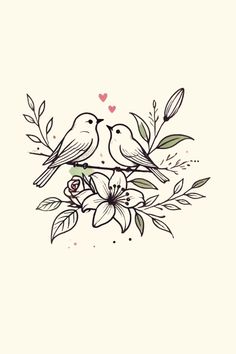 two birds sitting on top of a branch with leaves and flowers around them, surrounded by hearts