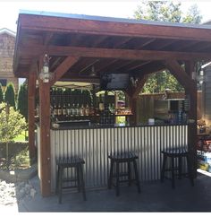 an outdoor bar with three stools under it