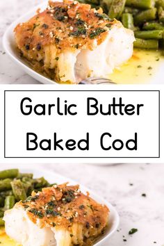 garlic butter baked fish with green beans and asparagus