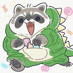 a drawing of a raccoon eating something out of a bowl with its mouth open