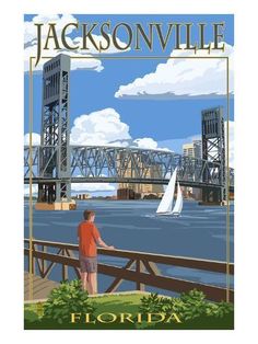 a man standing on top of a bridge next to the ocean with a sailboat