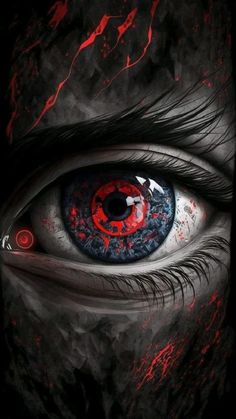 an eye with red and black paint on it