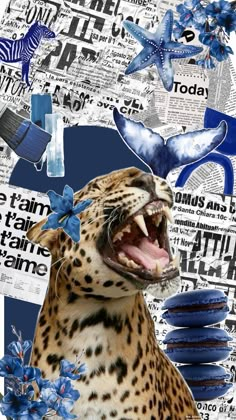 a leopard with its mouth open in front of newspaper clippings and blue flowers