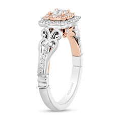 a white and rose gold engagement ring with diamonds