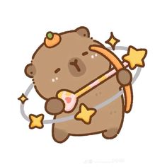 a brown teddy bear with stars around its neck holding a stick in it's hand