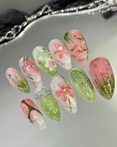 Pink Tulip Nails, Mitsuri Nails Design, Nature Nails Acrylic, Hmong Nails, Nail Shape For Wide Nail Beds, Hydrangea Nail Art, Custom Press Ons, Colorful Square Nails, Marie Antoinette Nails