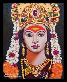 an oil painting of a woman with flowers in her hair and jewelry on her face