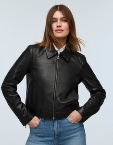 With a two-way zip-front and clean, minimal design, this luxe leather jacket draws inspiration from the shrunken silhouettes of the '90s. A true closet staple that wears well with just about anything.Regular fit.Body length: 21".100% leather.Do Well: leather sourced from a tannery that was certified by the Leather Working Group (LWG), an organization that works to promote sustainable environmental practices in the leather industry.Spot clean.Imported. Classic Black Leather Jacket, Wardrobe Essentials List, Shrunken Sweater, Jacket Drawing, French Wardrobe, Dinner Wear, Jacket Outfit Women, Womens Black Leather Jacket, Leather Industry