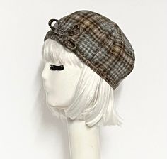 Beret Hat brown grey vintage plaid wool, 1/2 wool band, with a thin abstract bow, lined in rayon print, the top of the hat is made up of 6 section crown, wool bias 1" fitted band and has 1" soft elastic band inside. One size fits most up to a 22" Dry clean only Made in USA Beret Hat Bow, Octavia Melody, Winter Ball, Bat Tattoo, Packable Hat, French Beret, Hat Stores, Wool Berets, Black Chevron