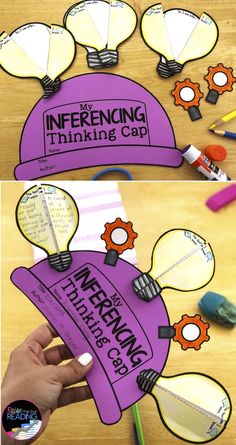 two pictures showing the different parts of an inferencing thinking cap and how to make it