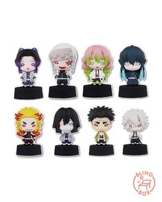 six different anime figurines sitting on top of each other in front of a white background