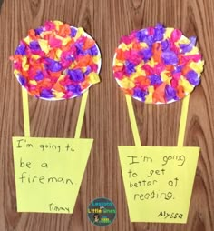 two paper plates with flowers in them on top of a wooden table next to post it notes that say i'm going to be a fireman