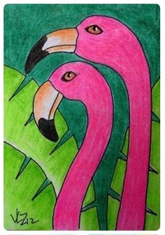 a drawing of two pink flamingos with green leaves in the foreground and an orange bird on the far side