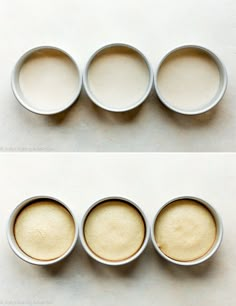 four bowls with different types of food in them on a white counter top and bottom view