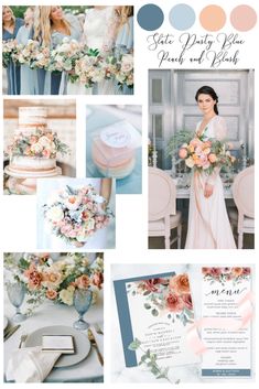 the wedding color scheme is peach and blue, with pink flowers on each side of the photo