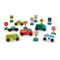 wooden toy cars and stop signs on white background