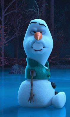 a snowman sitting on top of a frozen lake in the animated movie frozen ground