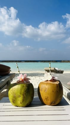 two coconuts sitting on top of a wooden table next to the ocean and beach