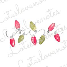 christmas lights with red and green bulbs hanging from the side on a white background in watercolor