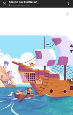 the pirate ship is sailing in the ocean with other people on it and another boat