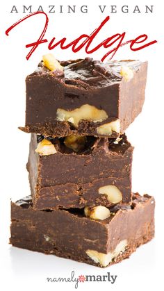 three pieces of chocolate fudge stacked on top of each other with the words amazing vegan fudge