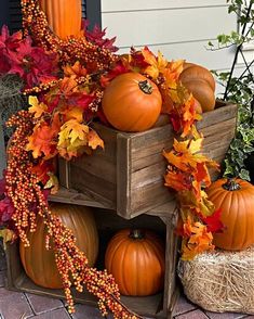 pumpkins and gourds are arranged on a wooden crate with fall foliage around them