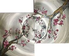 two paintings with pink flowers on them in the shape of a moon and tree branches