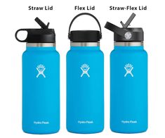 three hydro flasks with straw lid and stainless steel carafe handles are shown