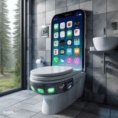 an iphone sitting on top of a toilet in a bathroom next to a sink and window