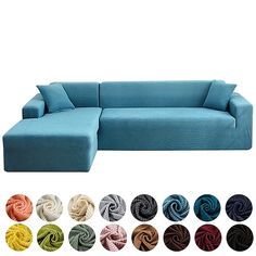 an image of a couch with multiple colors on it and the color options to choose from