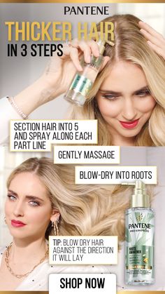 Thicker hair in 3 easy steps with Pantene Roots Awakener. Available at Amazon. Blow Dry Hair, Hair Growth Shampoo, Thicker Hair, Grow Strong, Curly Hair Tips, Body Skin Care Routine, Strong Hair, Grunge Hair