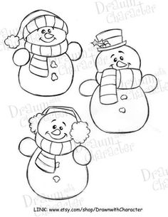 three snowmen with hats, scarfs and scarves are shown in black and white