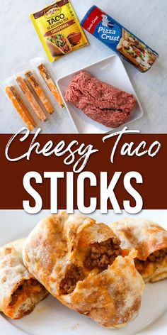 Cheesy taco sticks on a plate Taco Sticks With Pizza Dough, Taco Pockets With Pizza Dough, Taco Sticks With Crescent Rolls, Cheesy Beef Taco Pockets, Loaded Cheesy Pocket Tacos, Meals On A Stick, Pocket Tacos, Summer Ground Beef Recipes