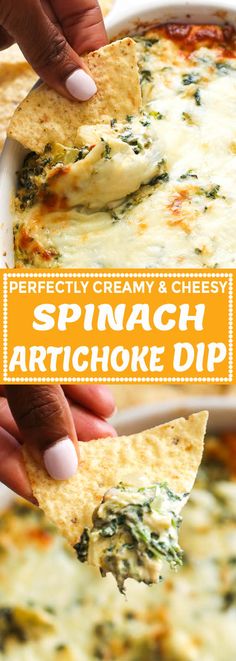 spinach artichoke dip in a white bowl with tortilla chips