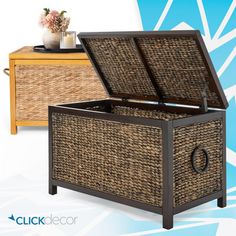 the trunk is made out of wicker and has an open lid for storage,