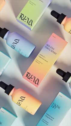 several different types of skin care products are arranged on a white surface, with the words rena written in black ink