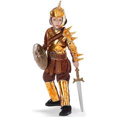 Kid's Roman Gladiator Costume CLOSEOUT "In my world, I am a gladiator of the golden city. When I am not performing for the king and queen. I ride dragons through the skies and collect treasure from worlds unknown." Our Gladiator costume is equipped with a gold metallic armored top with matching armored trousers. The perfect attire for the performance of a lifetime. Toy accessories include: Toy helmet Toy sword Toy shield Roman Gladiator Costume, Gladiator Halloween Costume, Swat Team Costume, Gladiator Halloween, Gladiator Costume, Race Car Driver Costume, Gladiator Costumes, Firefighter Costume, Team Costumes